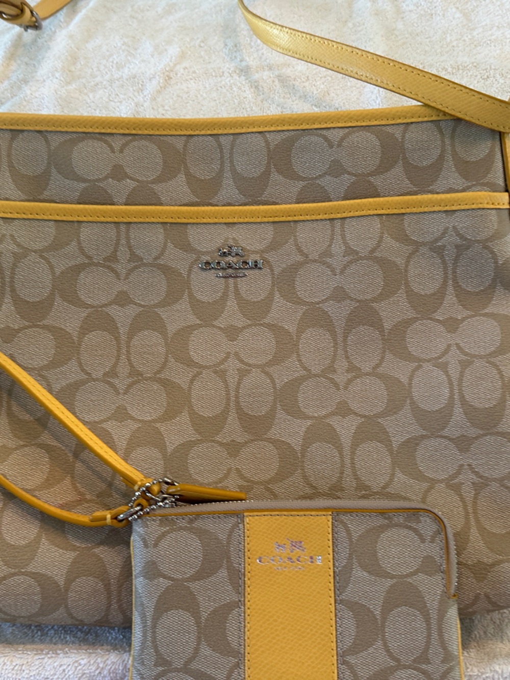 Coach Beige Signature Canvas Tote with Yellow Trim and Wristlet